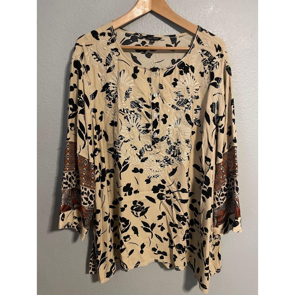John Mark Tunic Top Womens 2X Beige Floral Embroidered Bell Sleeve Artsy Boho